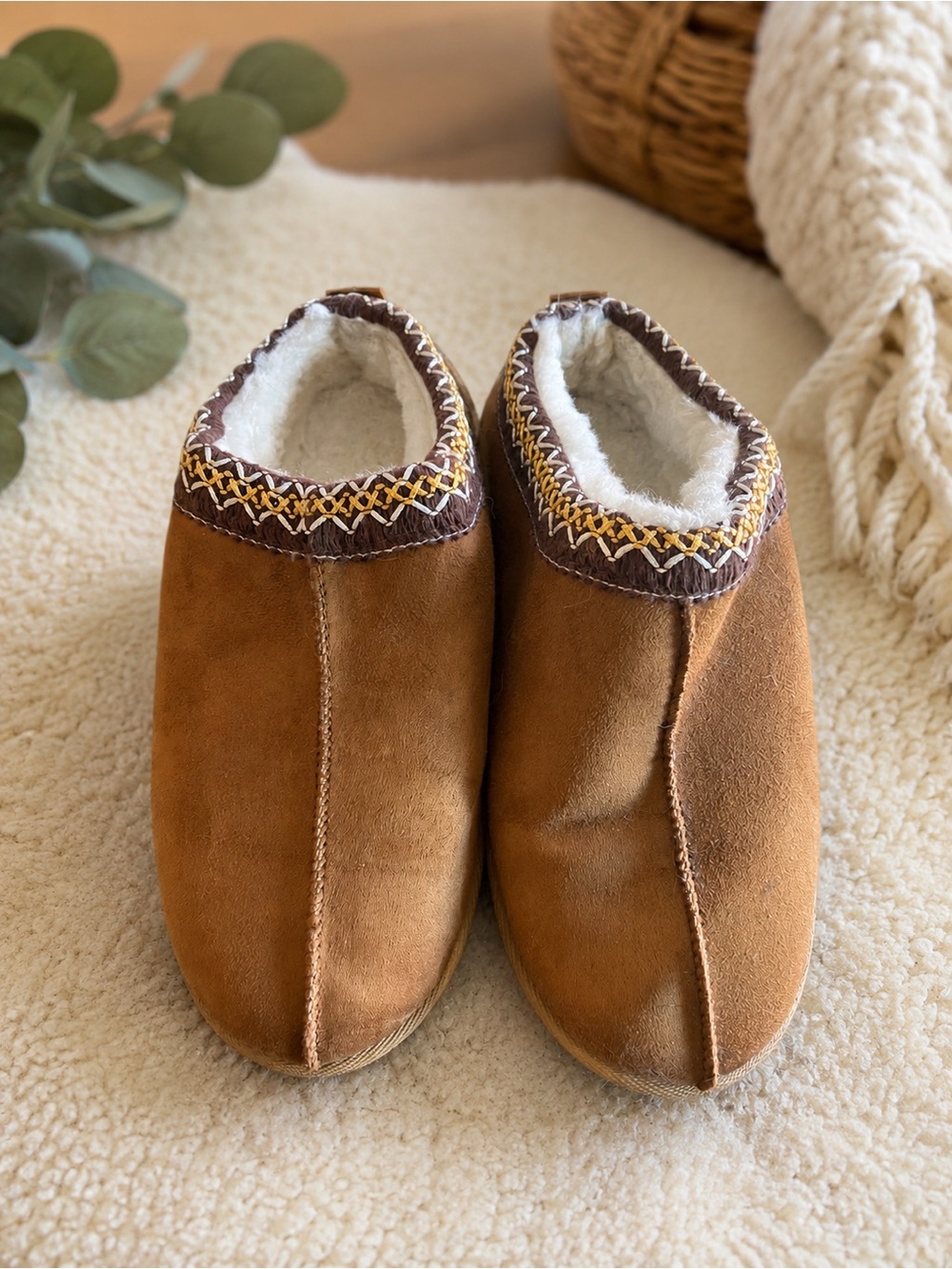 Cozy Chestnut Brown Faux Suede Slippers- Size 8